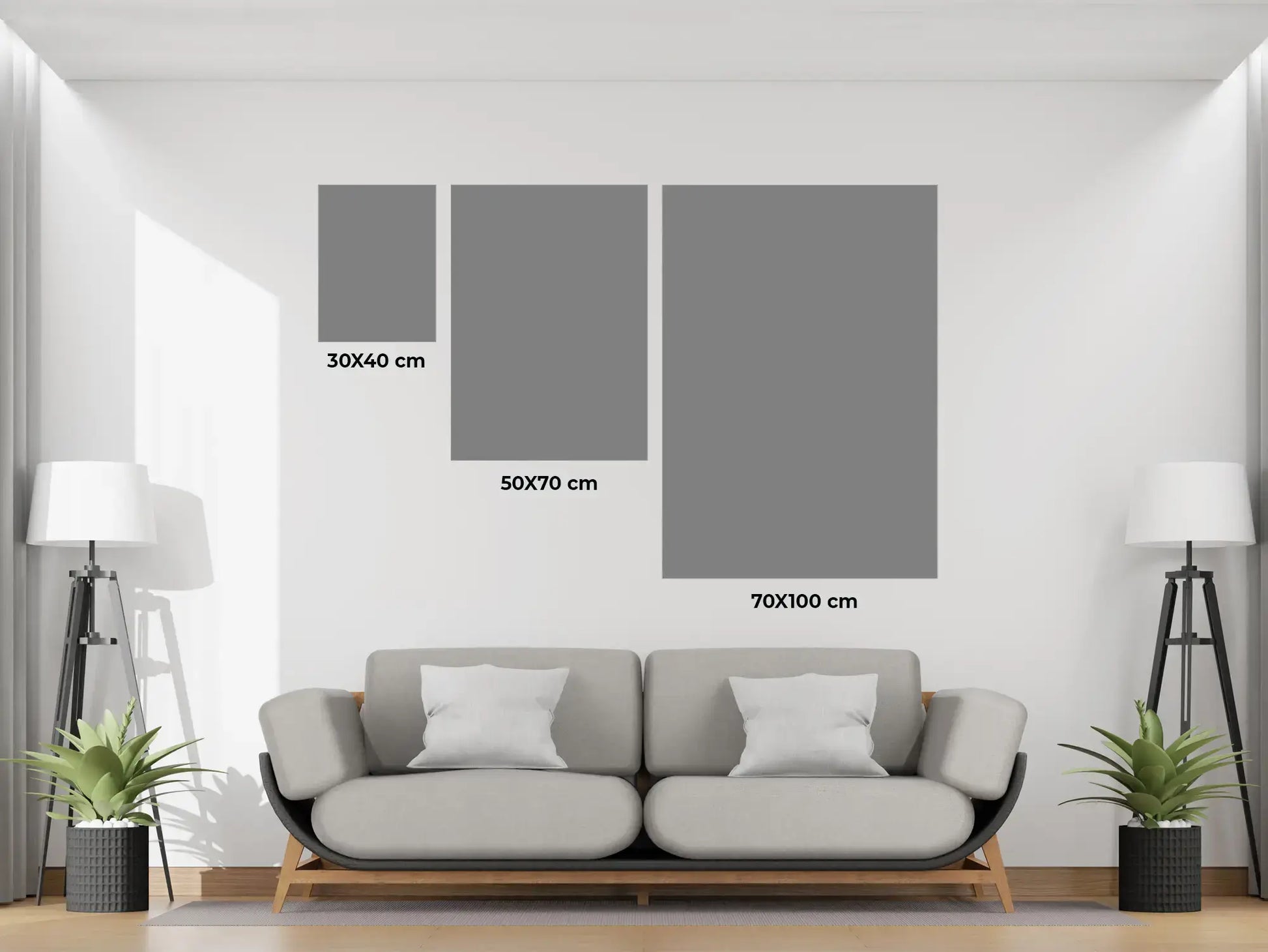 Ulv med stil – moderne dyrekunst i tre størrelser på veggen bak en sofa