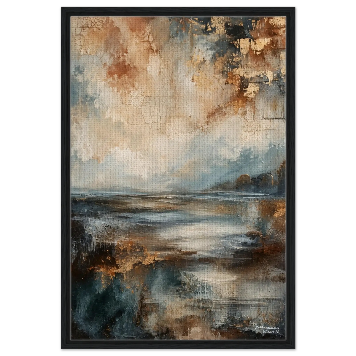 Kobberhimmel veggbilde med varme kobbertoner og blågrønt, abstrakt kunstverk med struktur og krakellering. – moderne veggkunst | KBentz.no