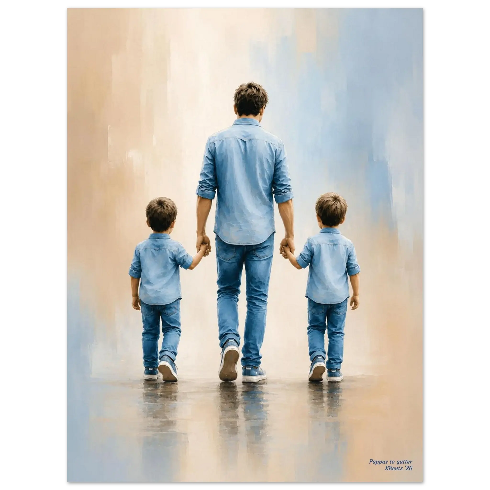 Pappas to gutter, AI-veggbilde av far som går med to sønner, symboliserer familiebånd.