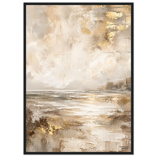 Sand og gull, et harmonisk abstrakt veggbilde med sandtoner og gylne detaljer, inspirert av naturens stille landskap.