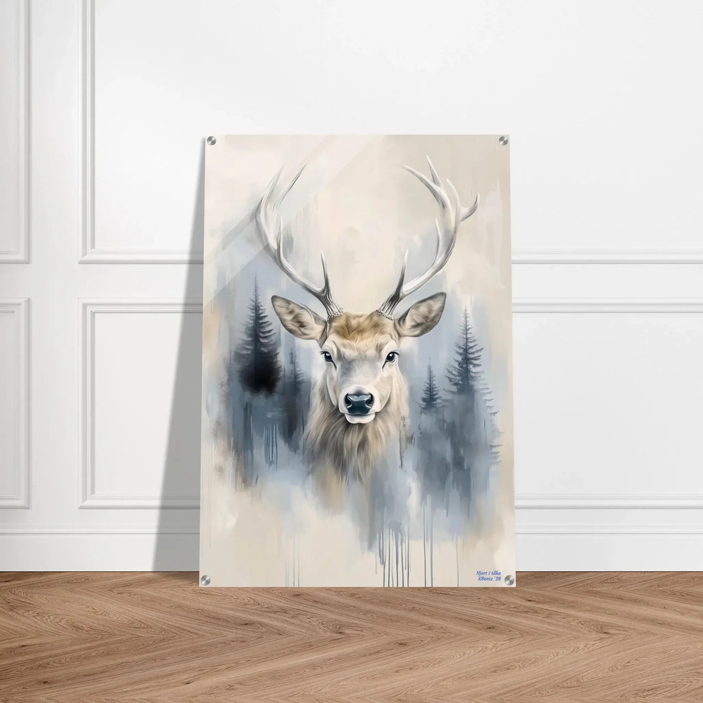 Hjort i tåka - moderne digitalt maleri med oljemalingstekstur. Trykkes på papir, lerret og akryl. KBentz.no