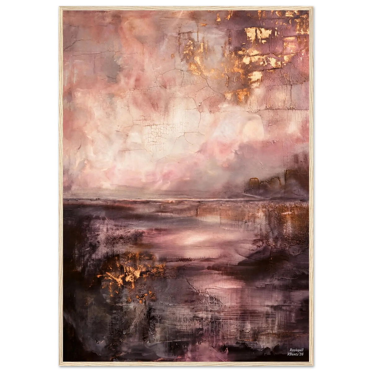 Abstrakt veggbilde Rosegull med rosatoner, kobber og gull, som skaper et drømmende kunstverk.