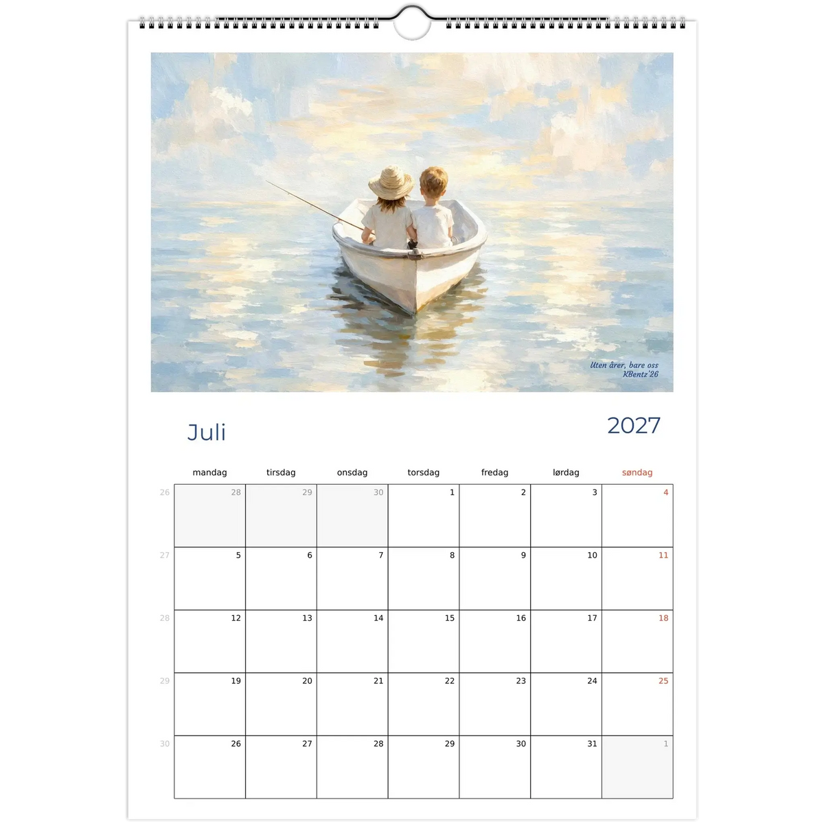 Øyeblikk som varer kunstkalender 2027 med maleri av to barn i båt for juli måned. – moderne veggkunst | KBentz.no