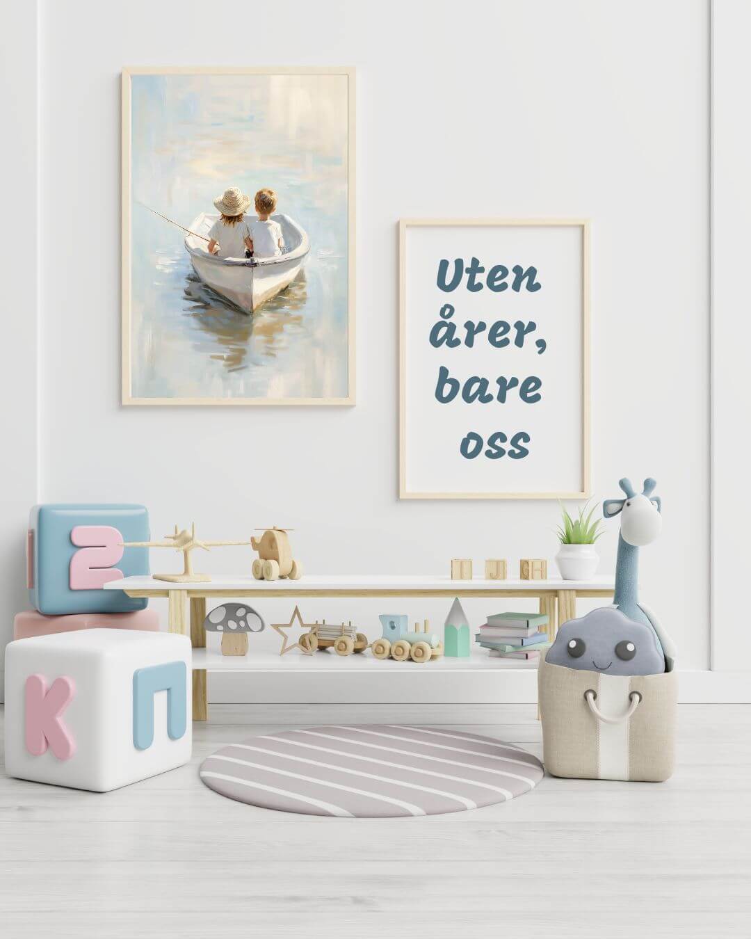 Moderne interiør med kunstverket Uten årer bare oss, som viser to barn i en båt, gir en følelse av ro og nærhet. – moderne veggkunst | KBentz.no