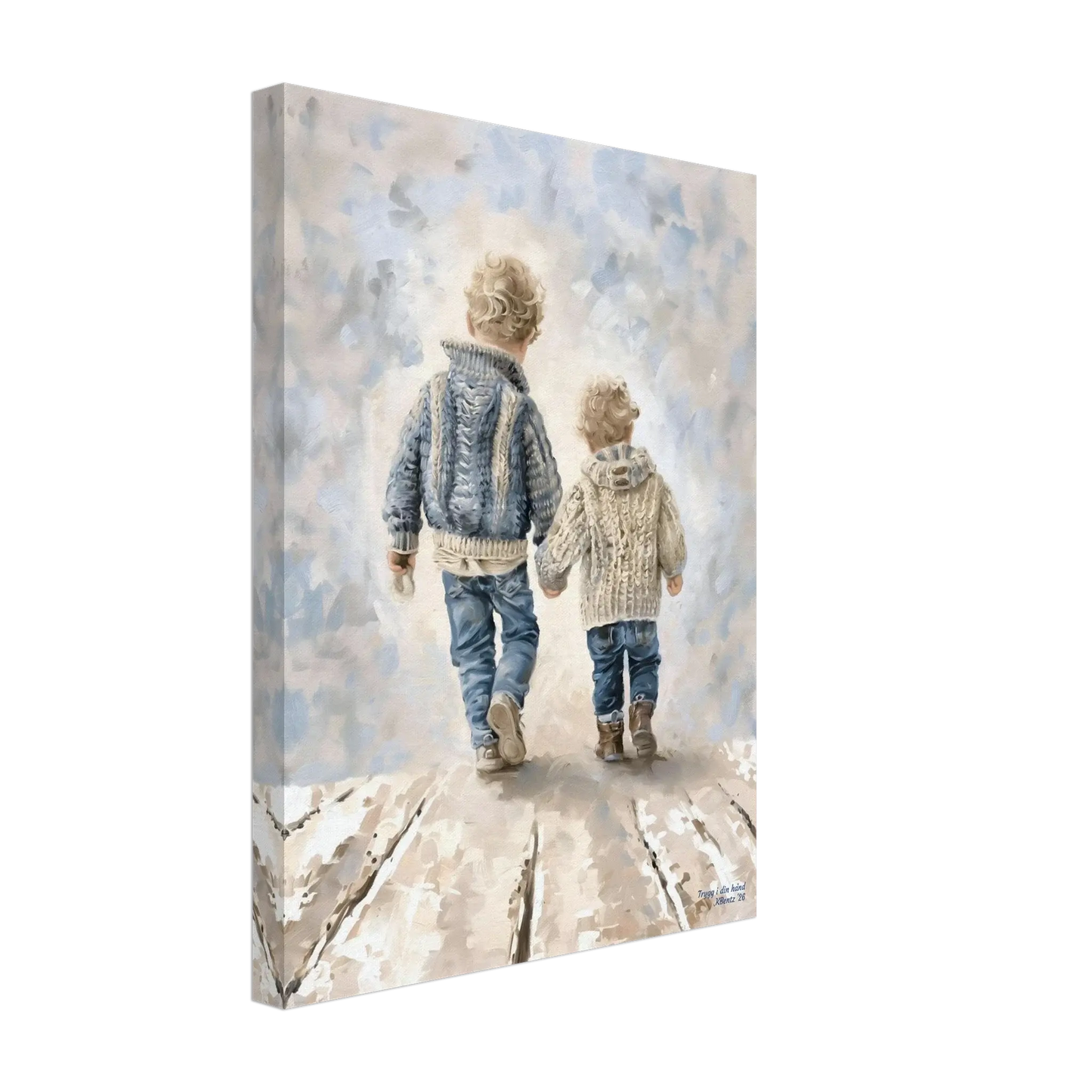 Trygg i din hånd - digitalt maleri av to barn som går hånd i hånd, symboliserer kjærlighet og nærhet. – moderne veggkunst | KBentz.no