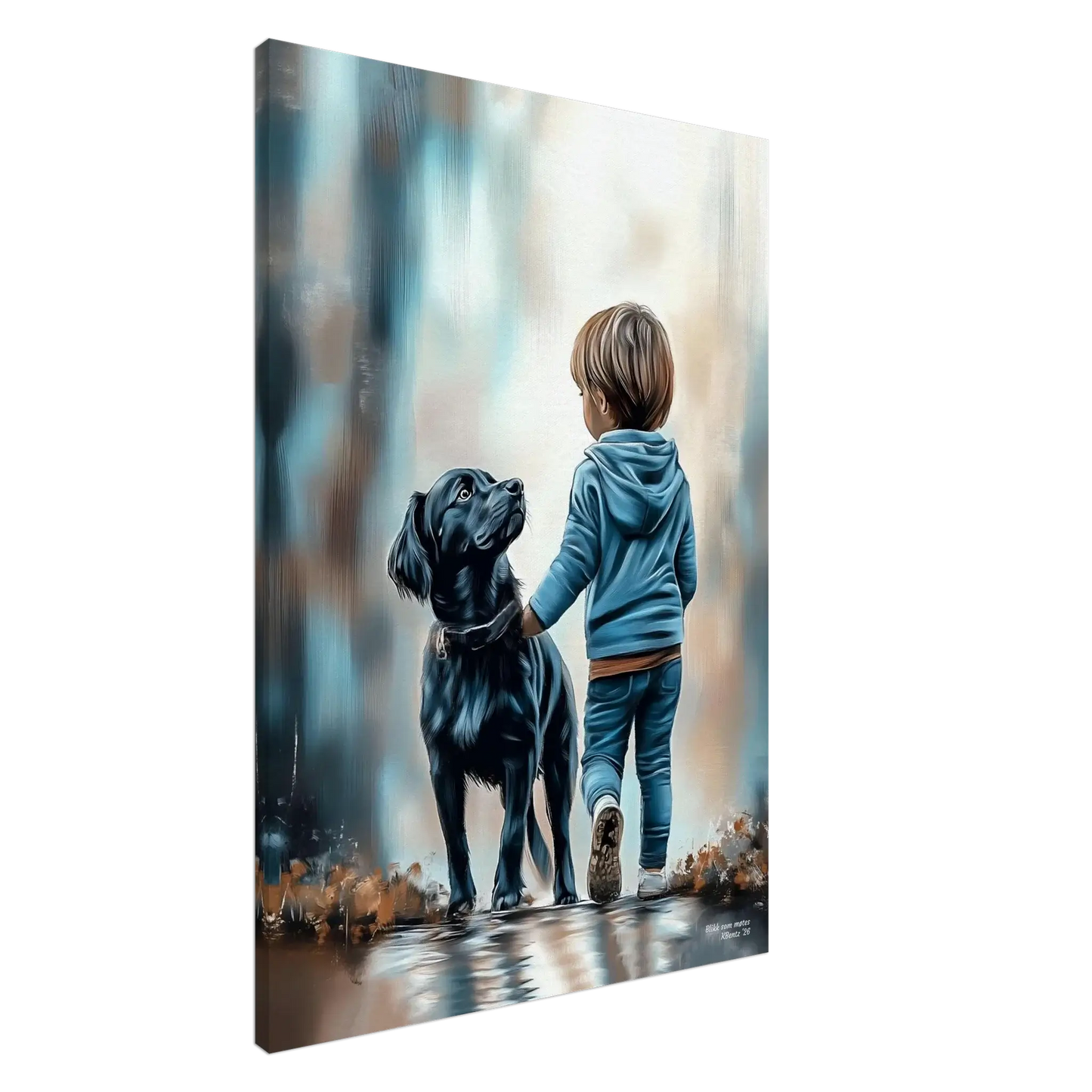 Blikk som møtes - digitalt maleri av barn med hund, som formidler trygghet og vennskap. – moderne veggkunst | KBentz.no