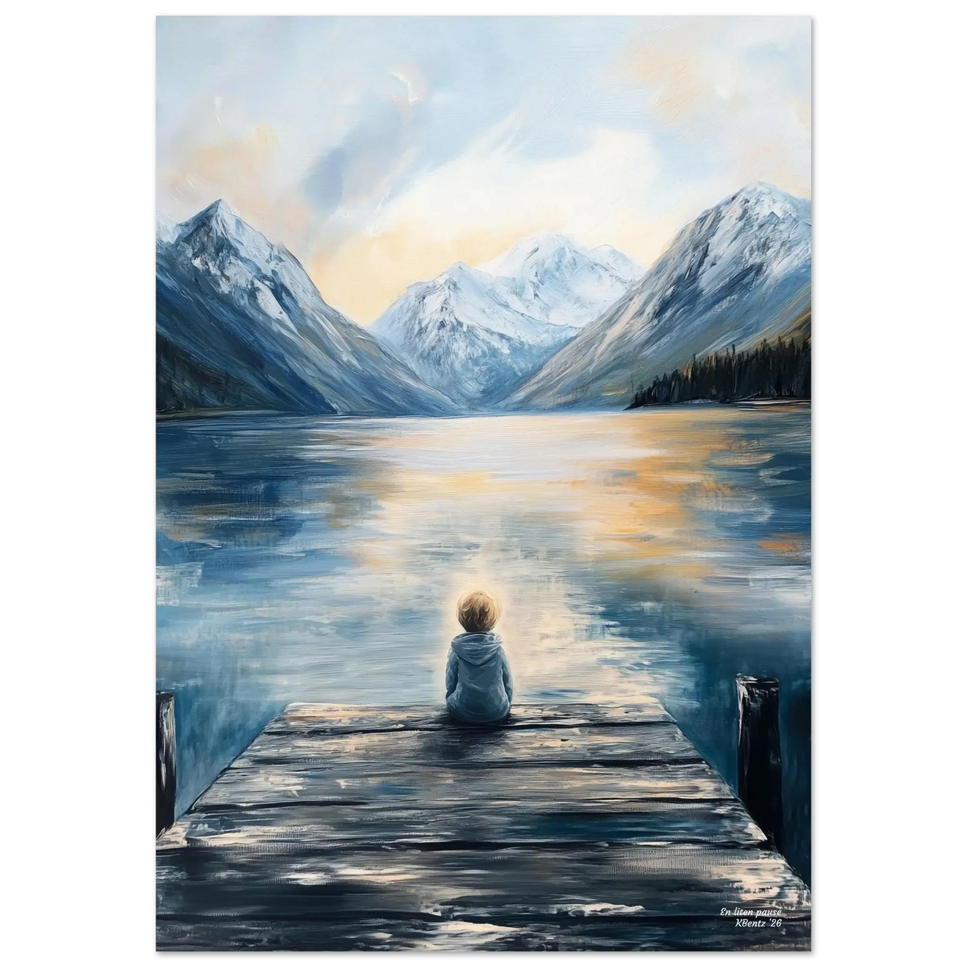 En liten pause - et stille øyeblikk ved vannet med en liten gutt som hviler og ser på fjellene.