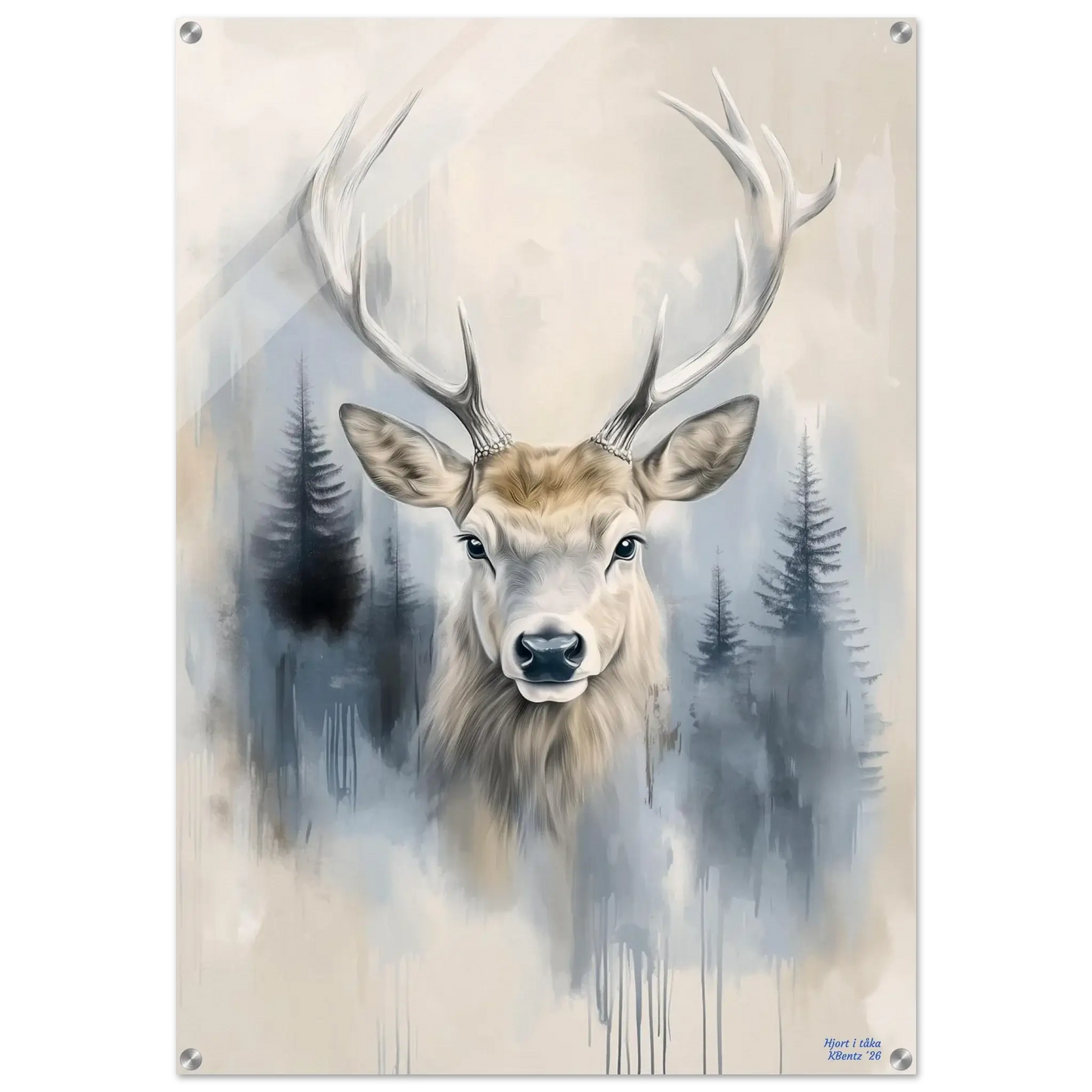 Hjort i tåka - moderne digitalt maleri med oljemalingstekstur. Trykkes på papir, lerret og akryl. KBentz.no