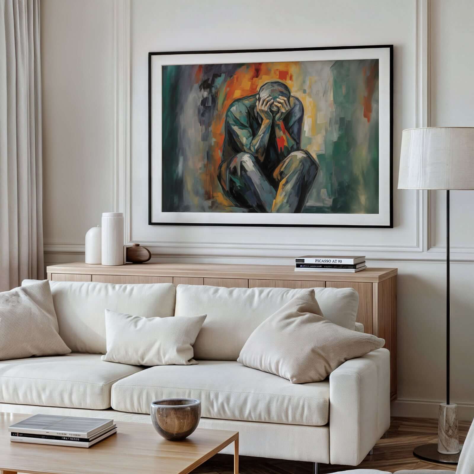 Kunstverk av Stille sammenbrudd som viser sårbarhet i en moderne stue med nøytrale farger.