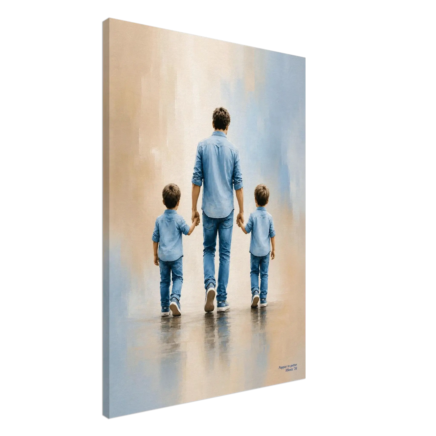 Pappas to gutter, maleri av en far som går hånd i hånd med sine to sønner, symboliserer familie og kjærlighet. – moderne veggkunst | KBentz.no