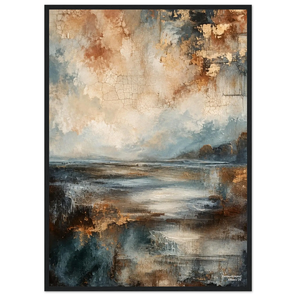 Kobberhimmel, et abstrakt veggbilde med kobbertoner, gyldne nyanser og blågrønt i et vakkert landskap.