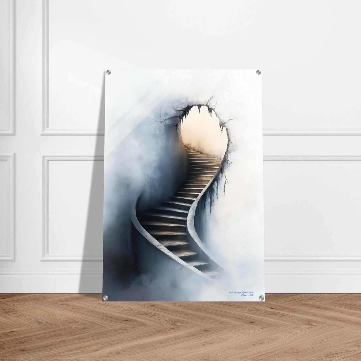 Når veggen åpner seg – symbolsk veggkunst med en trapp som åpner seg gjennom en vegg. – moderne veggkunst | KBentz.no