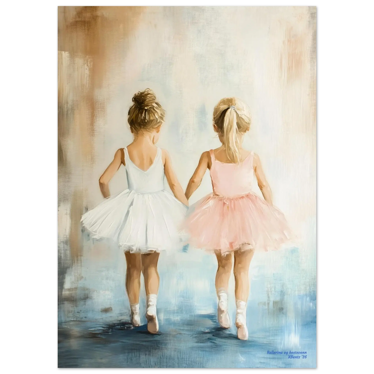 Ballerina og bestevenn – to små ballerinaer holder hender og uttrykker glede og vennskap. – moderne veggkunst | KBentz.no