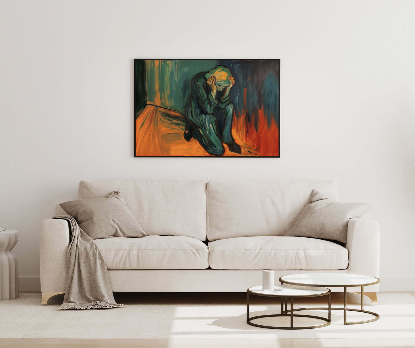 Det gjør vondt å være sterk kunstverk på veggen over en moderne sofa i et rolig rom. – moderne veggkunst | KBentz.no