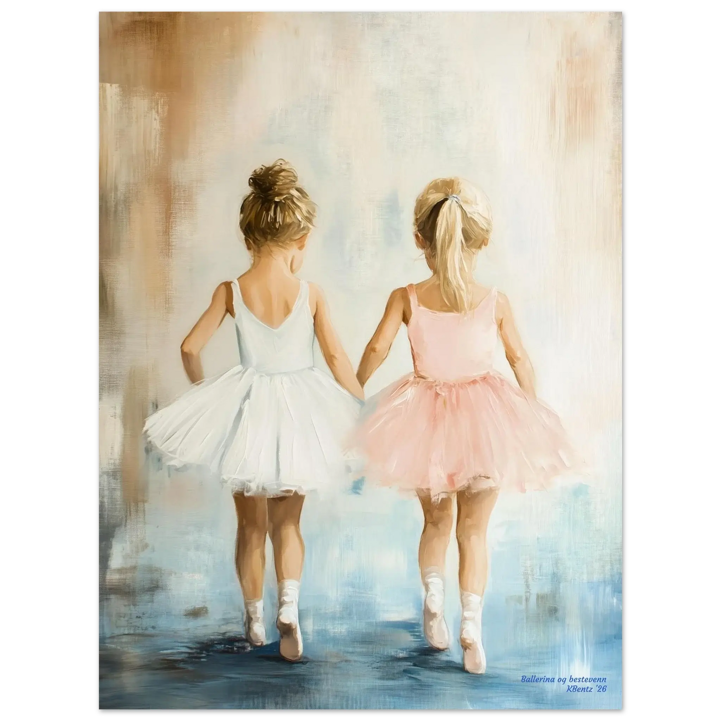 Ballerina og bestevenn – Digitalt maleri av to ballerinaer i lyst antrekk som holder hender. – moderne veggkunst | KBentz.no