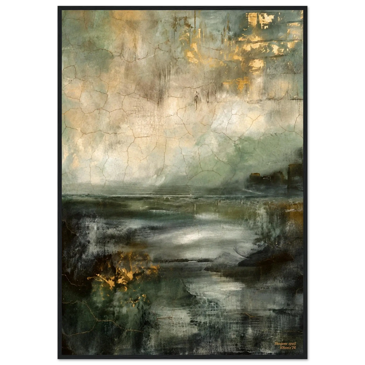 Skogens speil, et abstrakt veggbilde med skoggrønne toner og gylne detaljer, inspirert av naturens skjønnhet.