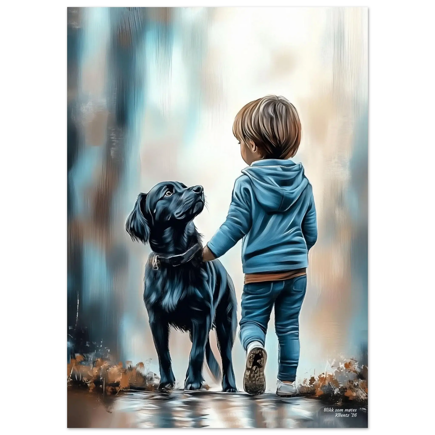 Blikk som møtes – digitalt maleri av barn og hund som deler et stille øyeblikk sammen. – moderne veggkunst | KBentz.no