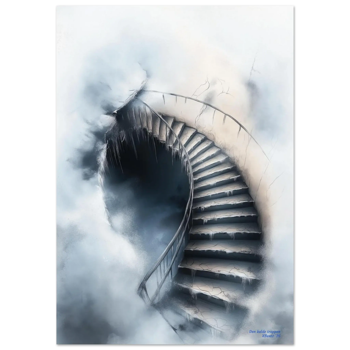 Den kalde trappen - moderne digitalt maleri med oljemalingstekstur. Trykkes på papir, lerret og akryl. KBentz.no