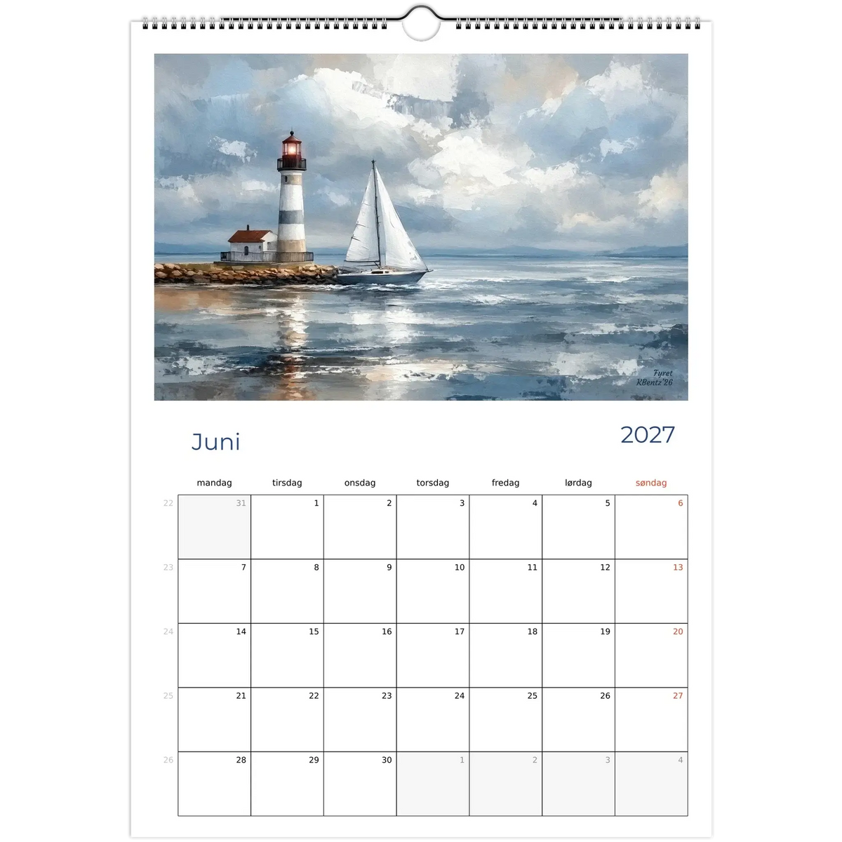 Øyeblikk som varer kunstkalender 2027 med maleri av fyrtårn og seilbåt for juni.