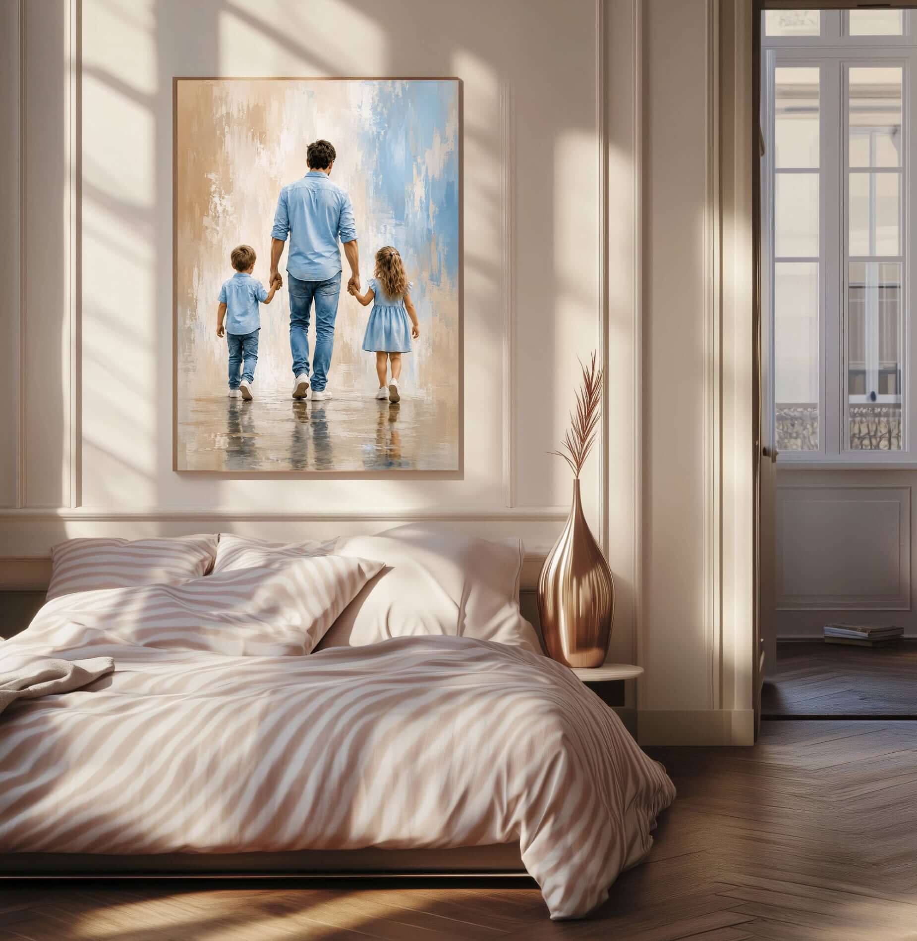 Hånd i hånd med pappa, veggbilde av far, sønn og datter som holder hender i rom med moderne innredning.