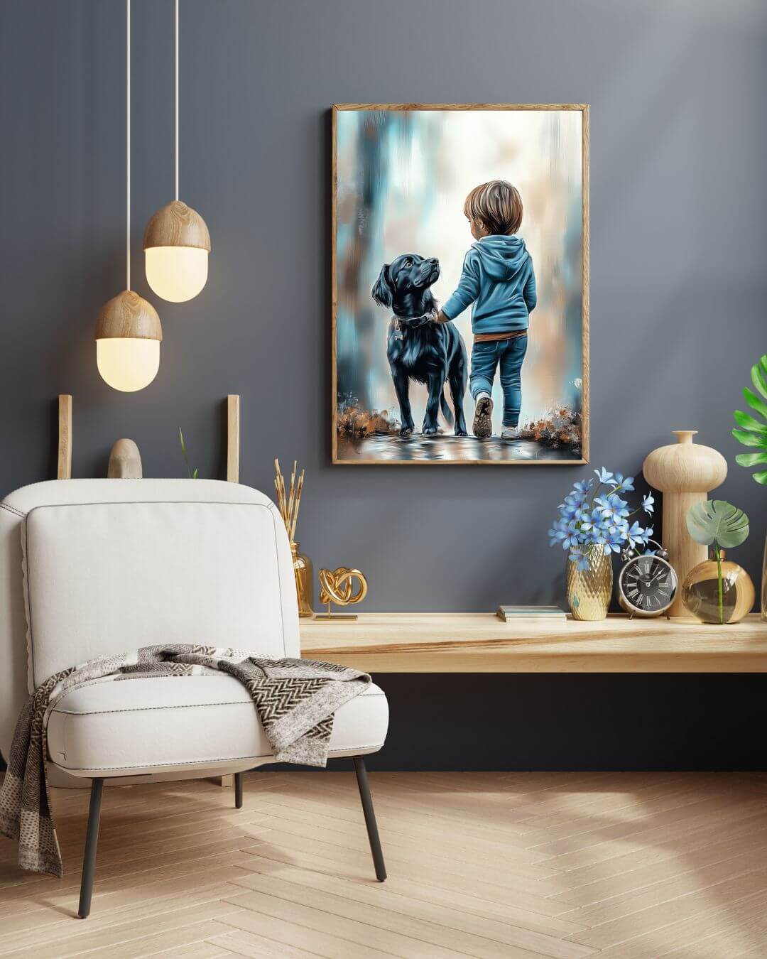 Blikk som møtes – digitalt maleri av et barn med hund som symboliserer vennskap og tillit.