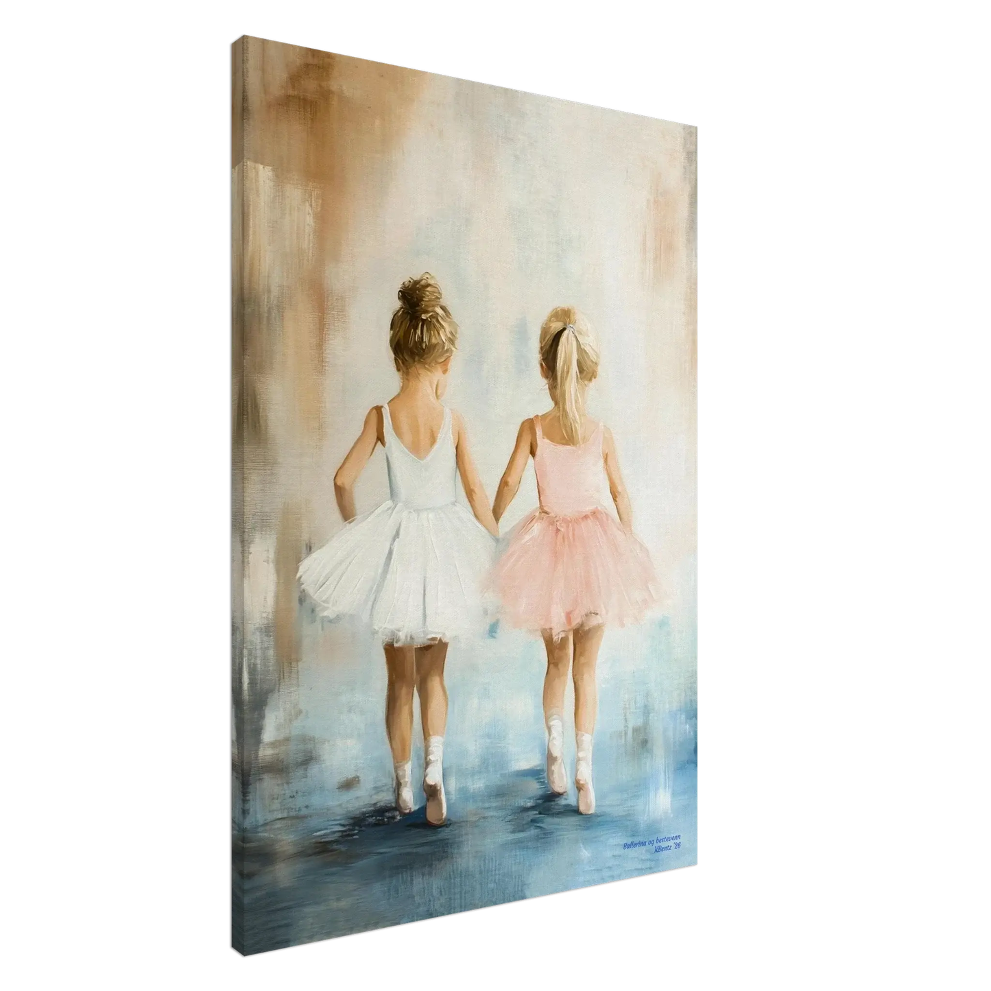 Ballerina og bestevenn - To ballerinaer i rosa og hvite kjoler holder hender, skapende en følelse av vennskap og glede. – moderne veggkunst | KBentz.no