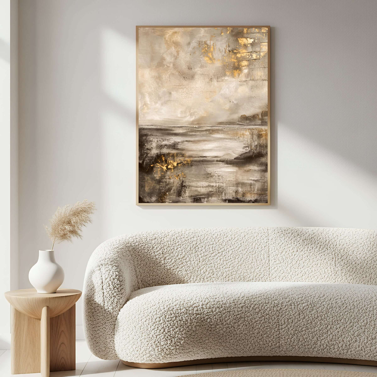 Gylden stillhet, et elegant veggbilde med beige, sandtoner og gullnyanser, som skaper dybde og luksus i innredningen. – moderne veggkunst | KBentz.no