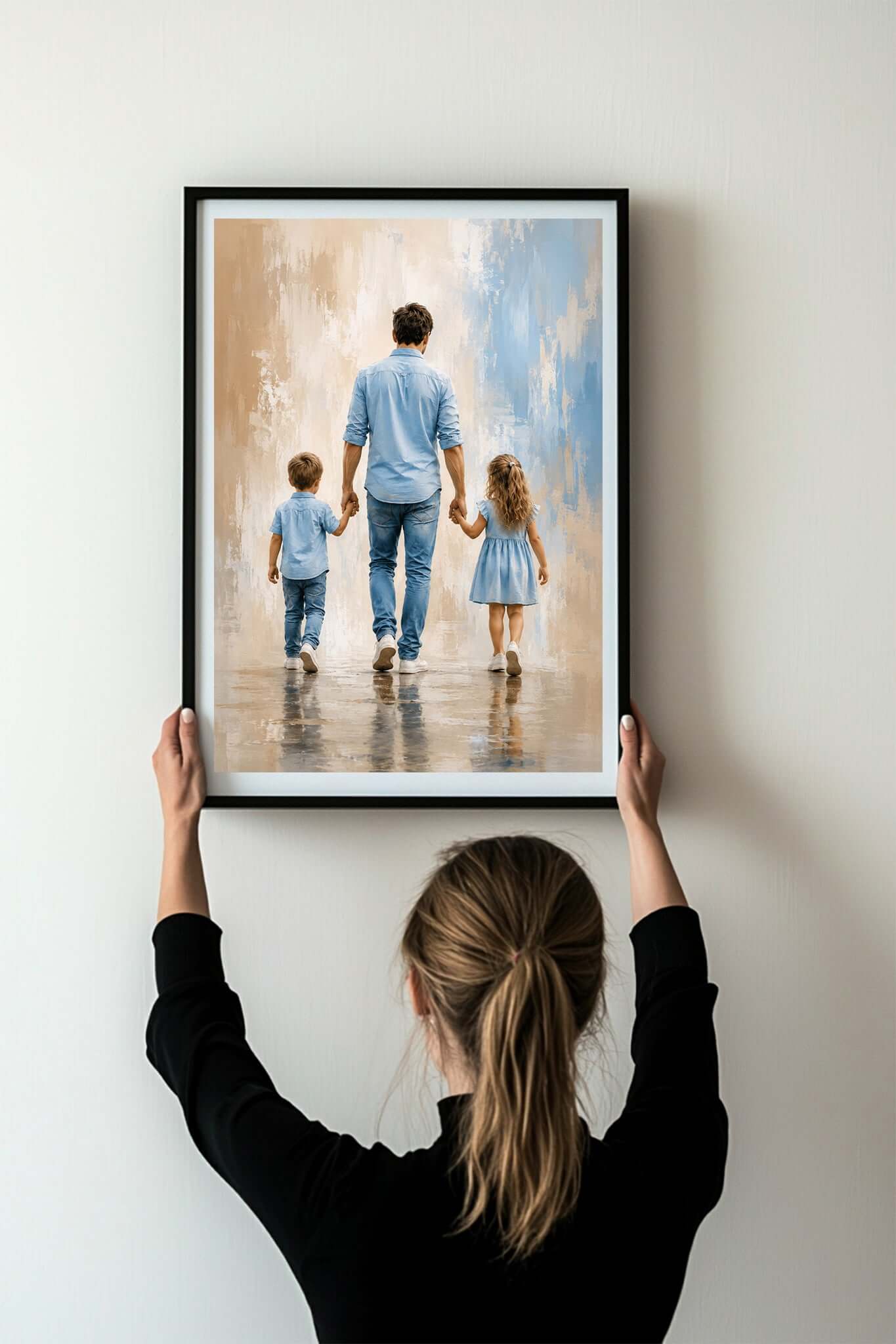 Hånd i hånd med pappa, en AI-veggbilde som viser en far som holder barna sine i hånden.