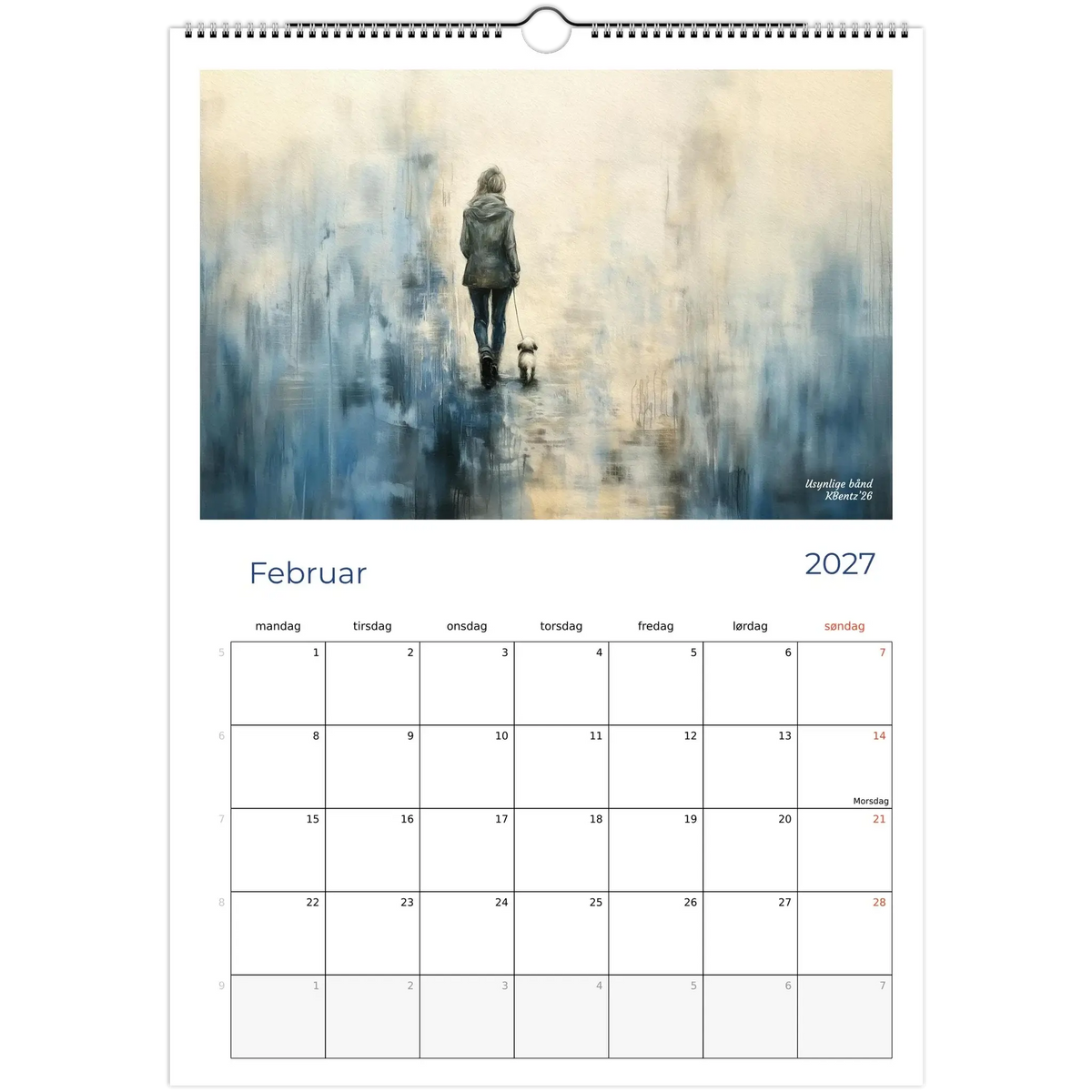 Øyeblikk som varer kunstkalender 2027, februar med kunstmotiv og kalenderoppføring.