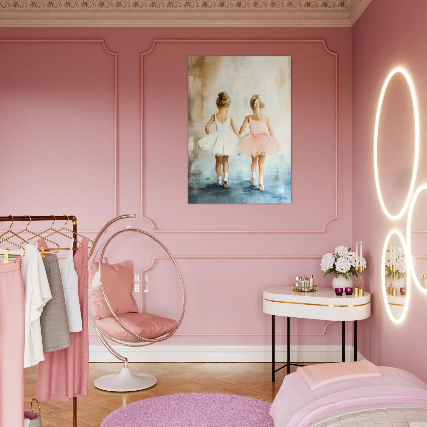 Ballerina og bestevenn – digitalt maleri av to ballerinaer i en moderne interiørsetting. – moderne veggkunst | KBentz.no