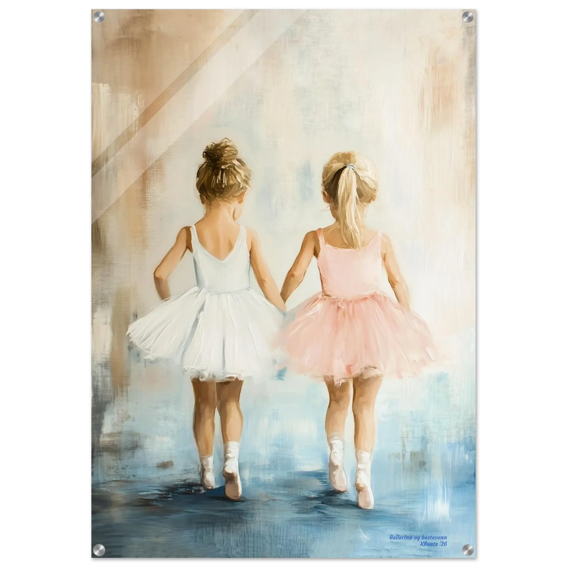 Ballerina og bestevenn – To små ballerinaer som går sammen, illustrert i myke farger og glade bevegelser.