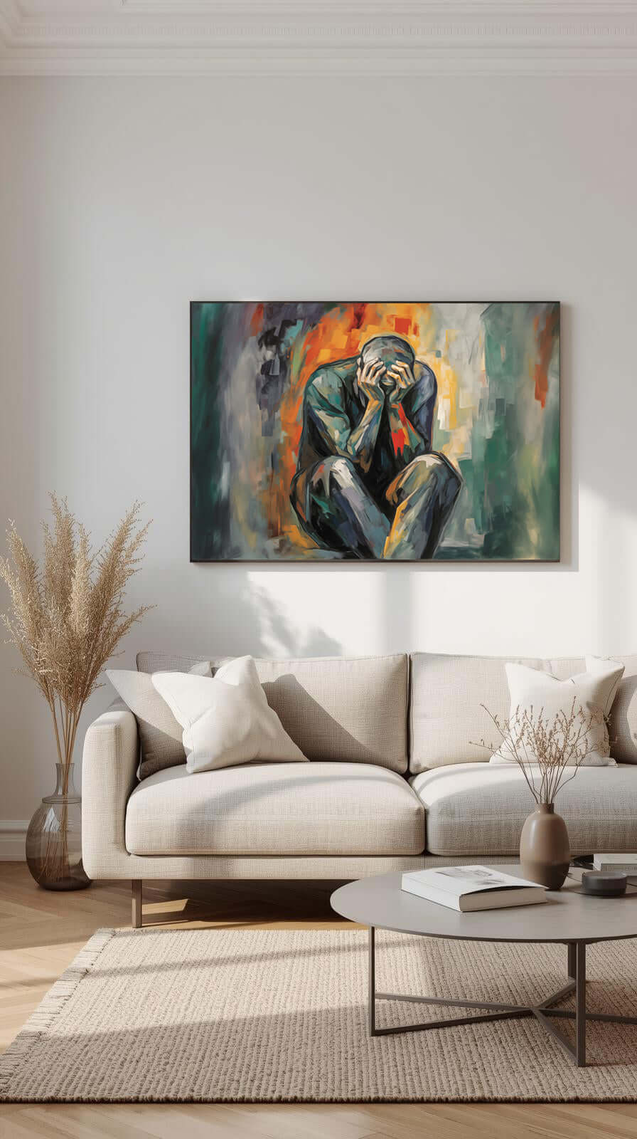 Stille sammenbrudd kunstverk i moderne stue med intense farger og uttrykksfullt motiv av sårbarhet.