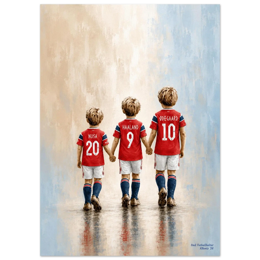 Små Fotballhelter - kunstverk av tre barn med fotballdrakter, som hyller fotballverdenen.