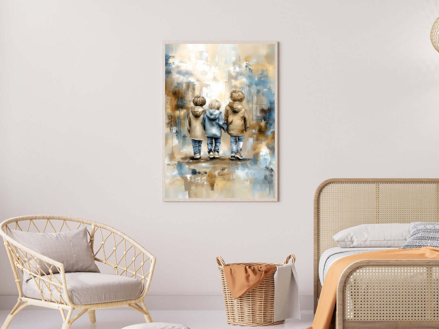 Tre Brødre kunstmotiv av tre små gutter i beige, blå og jordnære toner. – moderne veggkunst | KBentz.no