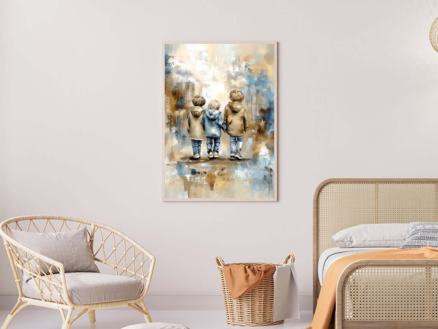 Tre Brødre kunstmotiv av tre små gutter i beige, blå og jordnære toner.