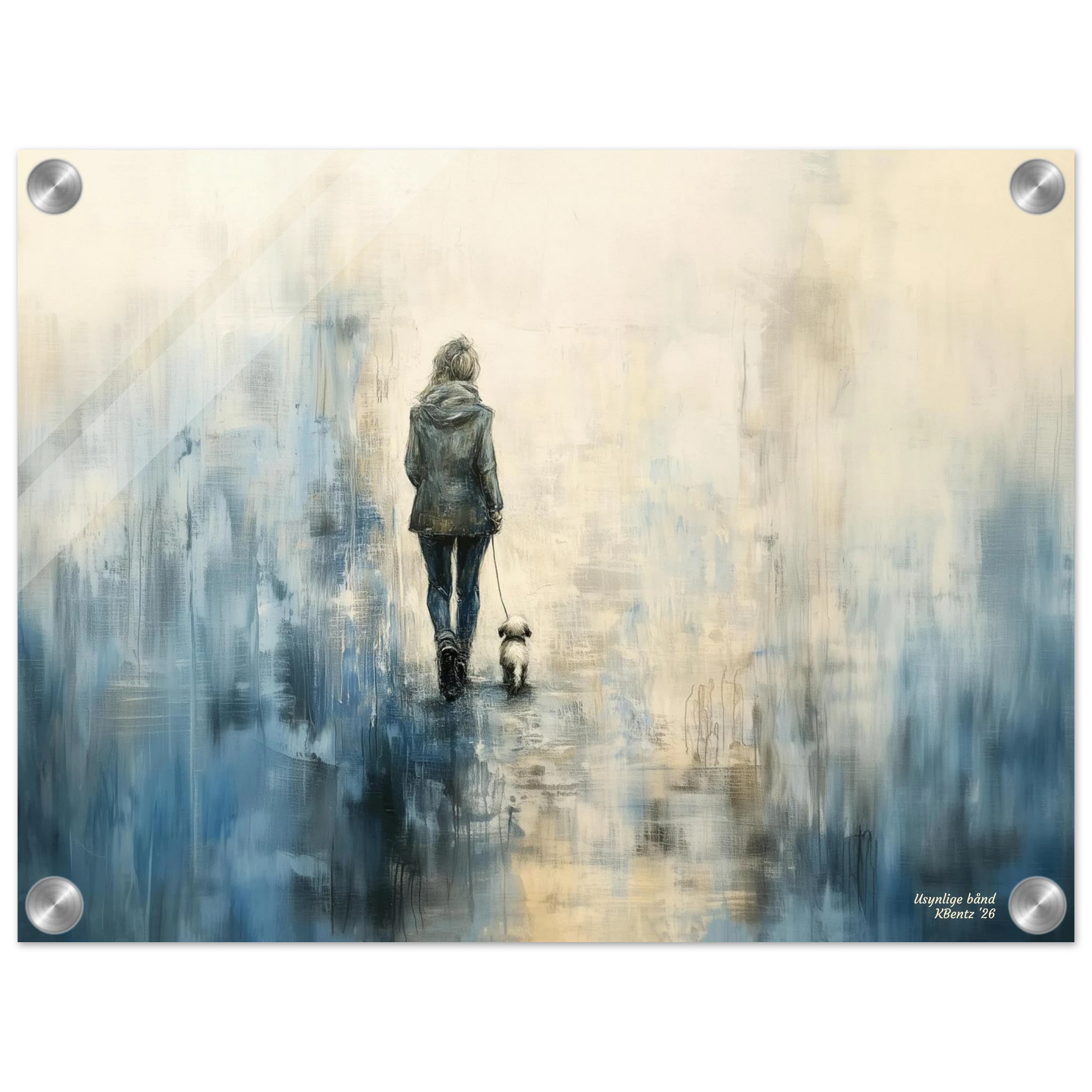 Usynlige bånd - kunstverk av en kvinne som går med hund i et blått, romantisk landskap.