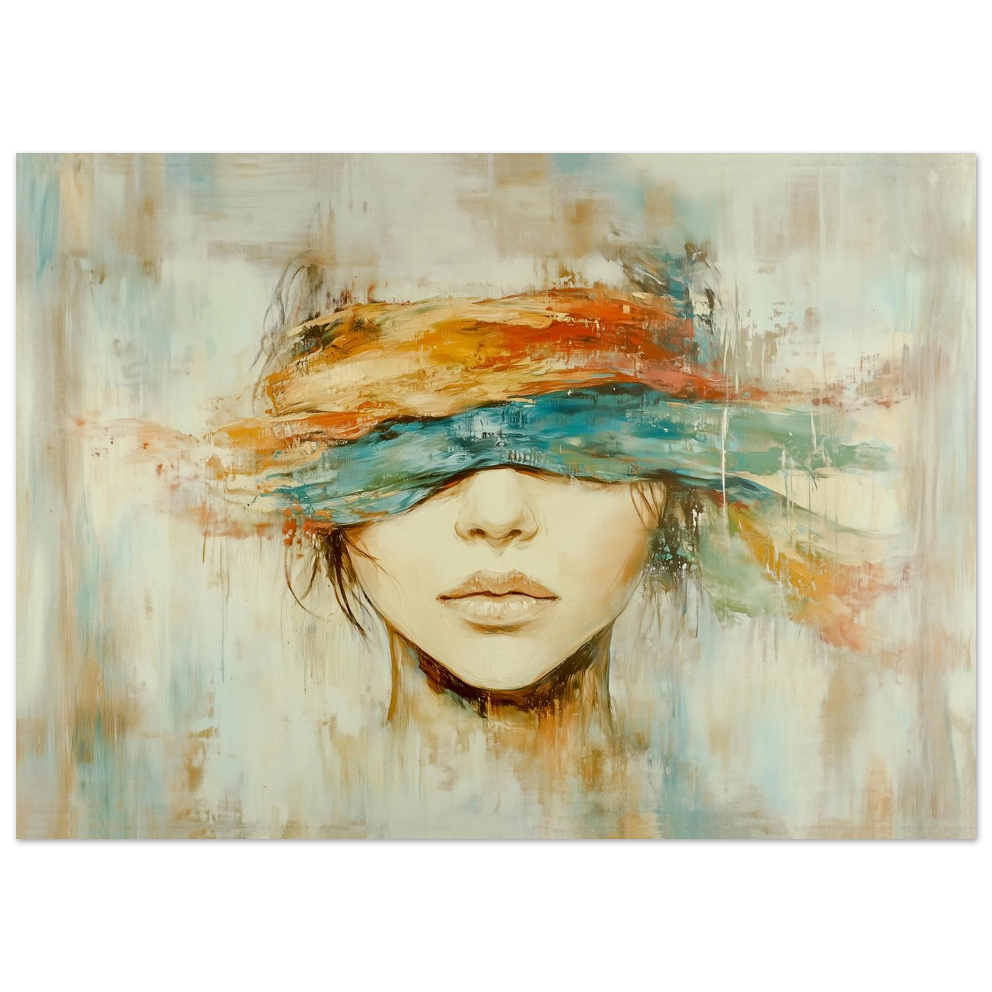 Blind for verden - kunstverk med ansikt og fargerik bånd som skaper atmosfære og dybde.