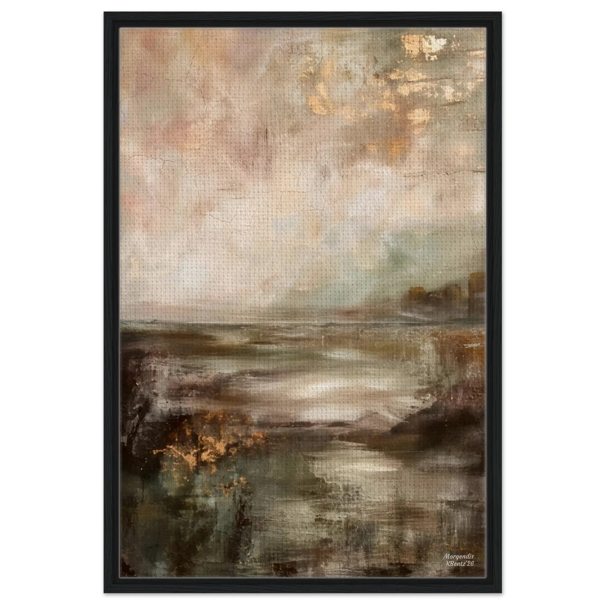 Morgendis, et abstrakt veggbilde med lyse beige, blå og grønne toner, som skaper dybde og harmoni. – moderne veggkunst | KBentz.no