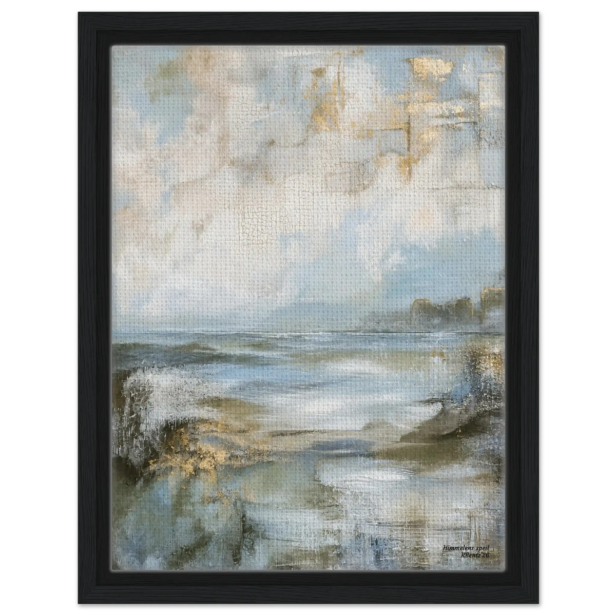 Himmelens speil, et abstrakt veggbilde med blåtoner og beige nyanser som reflekterer en fredelig himmel og vannflater. – moderne veggkunst | KBentz.no