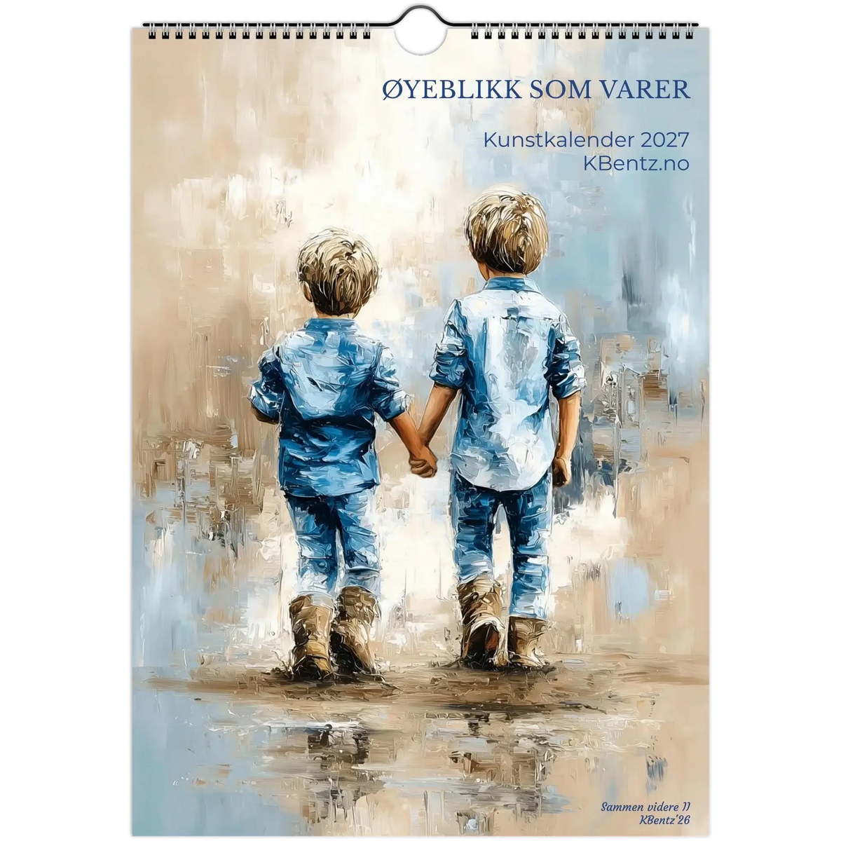 Øyeblikk som varer kunstkalender 2027 med to gutter som holder hender i et kunstverk.