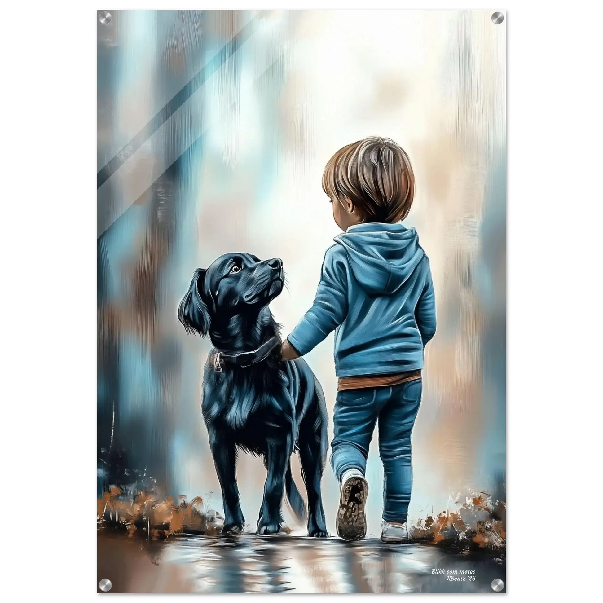 Blikk som møtes - digitalt maleri av barn som møter blikket til en hund med varme og dybde.