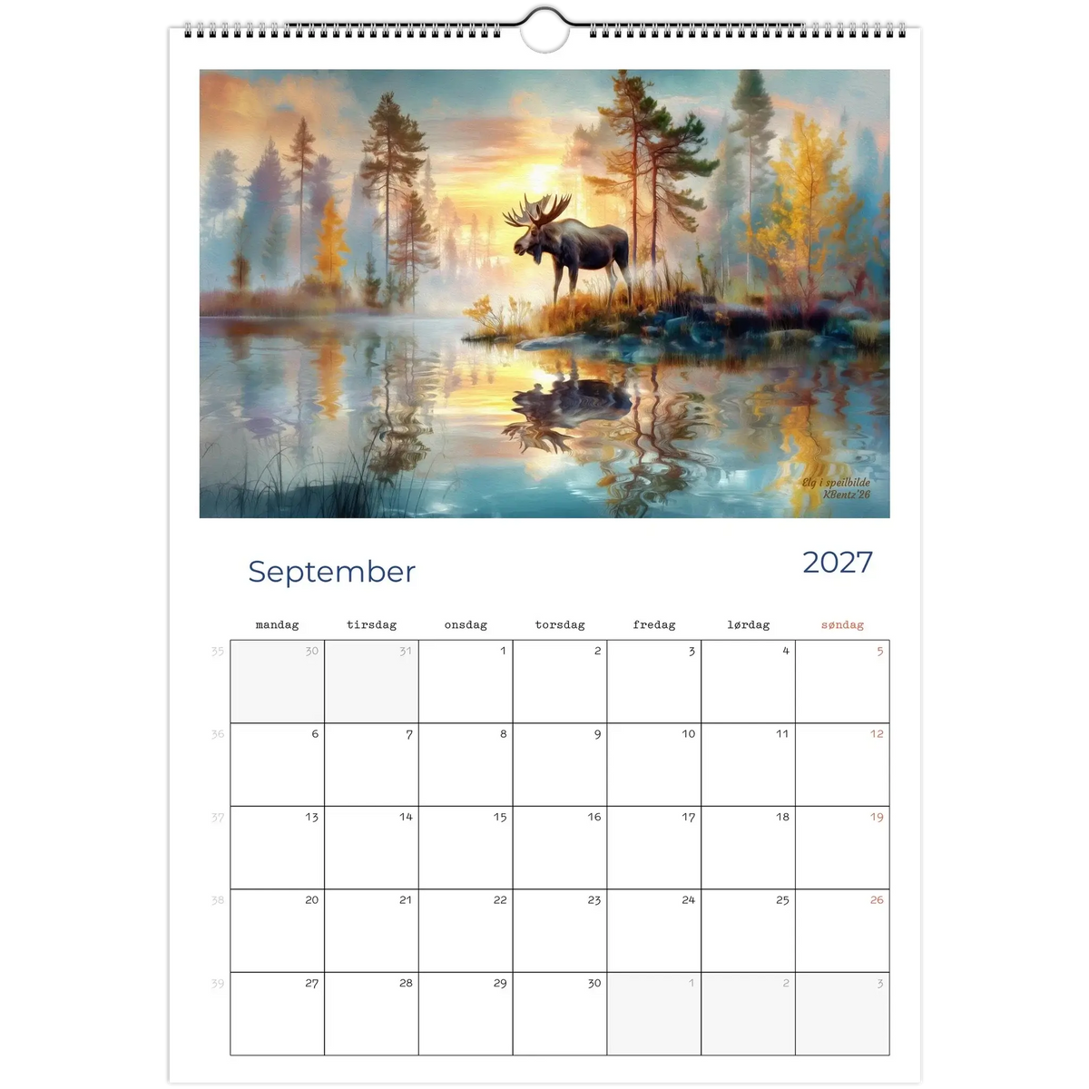 Øyeblikk som varer kunstkalender 2027 med septemberbilde av elg ved innsjø.