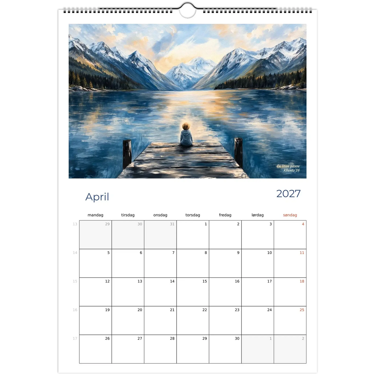 Øyeblikk som varer kunstkalender 2027 - April bilde av fjell og innsjø – moderne veggkunst | KBentz.no