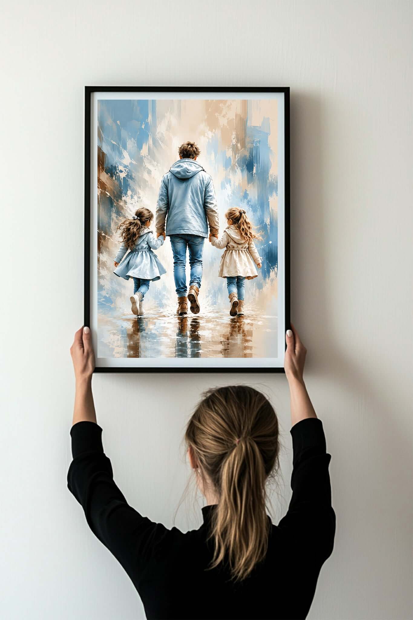 Pappa og jentene AI-veggbilde som viser en far som holder hendene til sine to døtre.