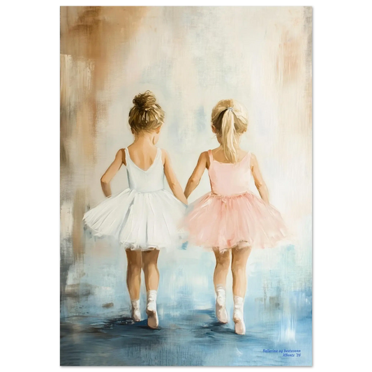 Ballerina og bestevenn – to små ballerinaer holder hender, kledd i hvit og rosa tutu, skaper en magisk atmosfære.