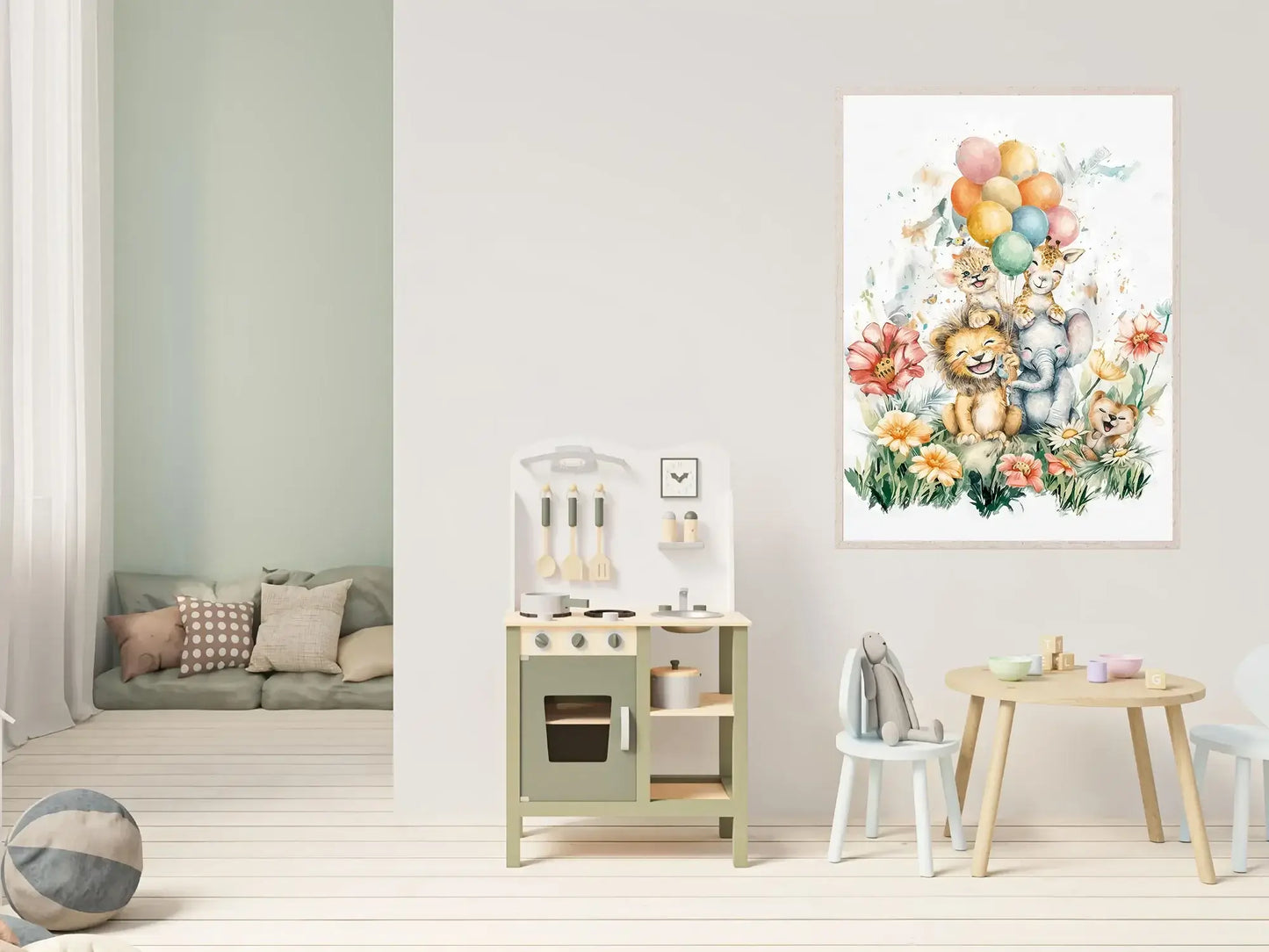 Ballongbukett og Blomster - fargerik kunst med dyr og ballonger i et barneromsmiljø. – moderne veggkunst | KBentz.no