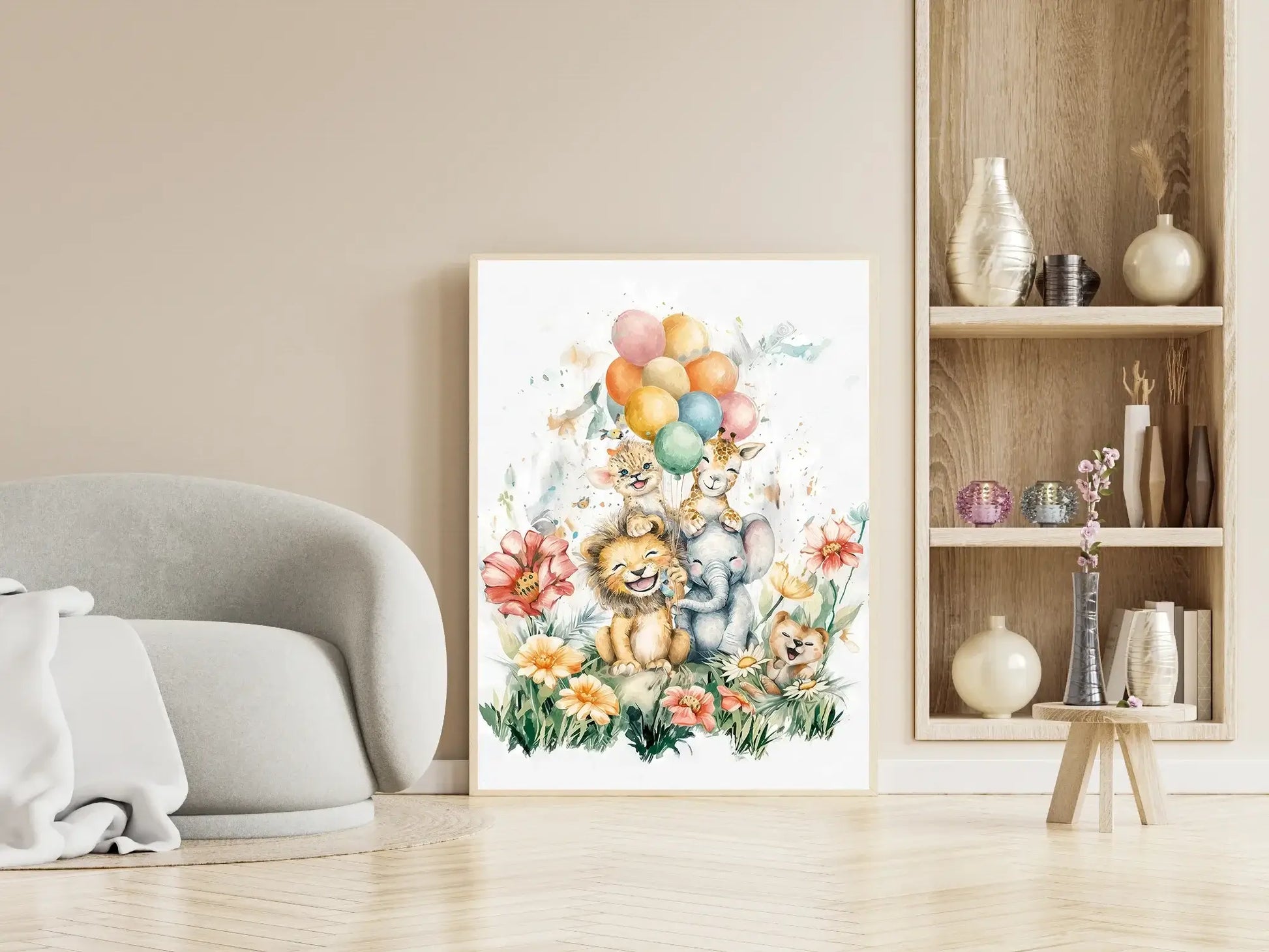 Ballongbukett og Blomster, fargerik kunst med dyr og ballonger, dekorasjon til hjemmet.