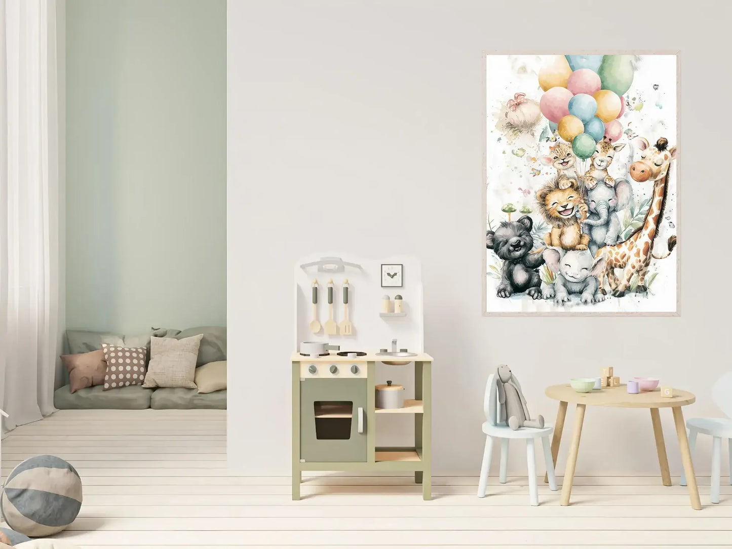 Ballongfest i Skogen - fargerik kunst med dyrefigurer og ballonger i moderne interiørdesign. – moderne veggkunst | KBentz.no