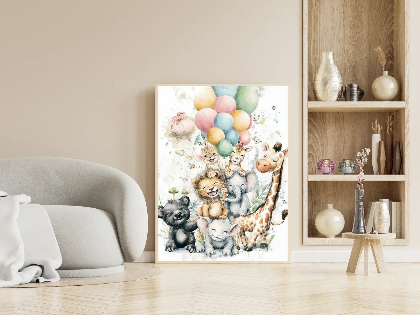 Ballongfest i Skogen kunstverk med dyr som holder ballonger i stuen med moderne interiør. – moderne veggkunst | KBentz.no