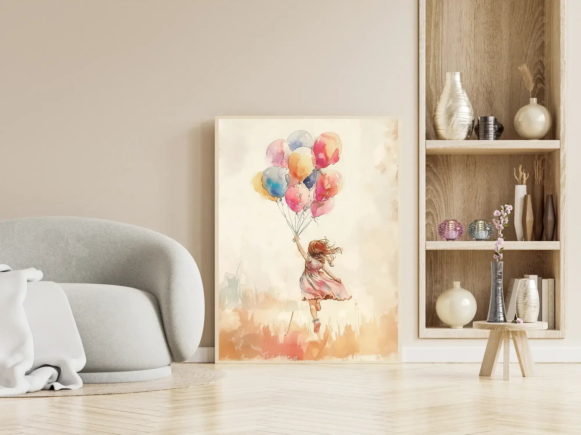 Ballongglede - kunstverk med jente som holder fargerike ballonger i et lyst rom